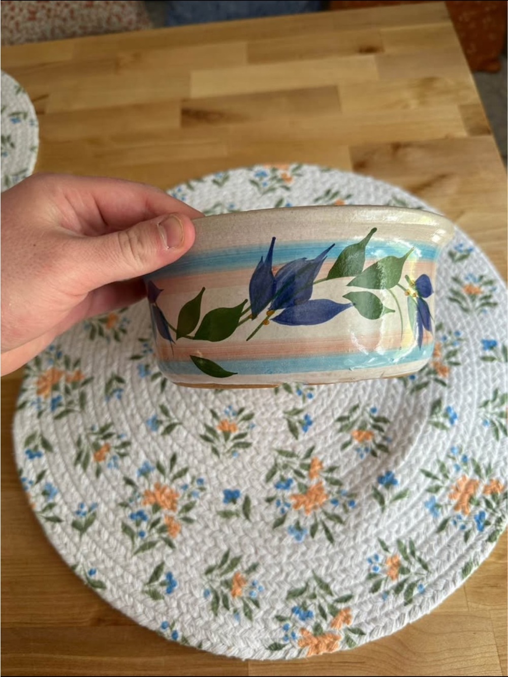 Vintage Lee's Pottery California Hand-Painted Terracotta Planter, Blue Floral